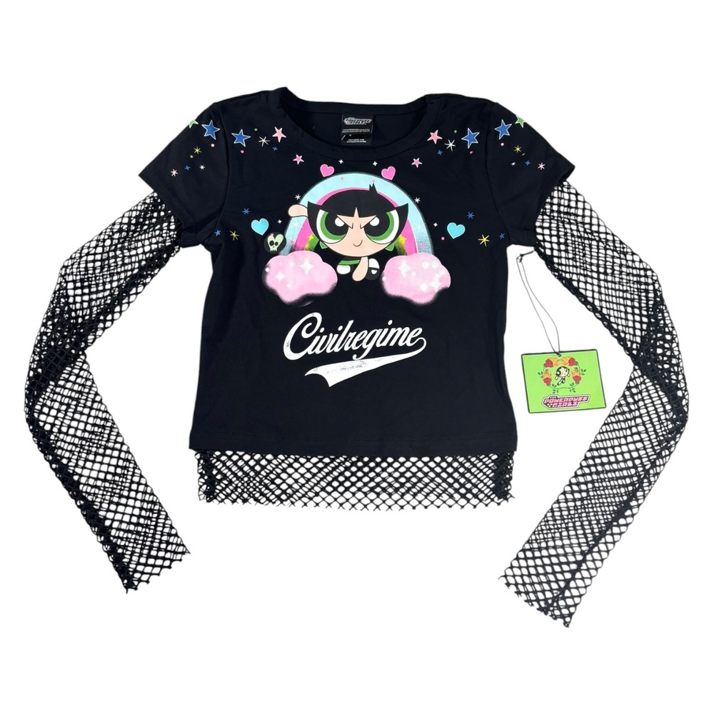 Civil Regime x Powerpuff Girls Buttercup Black Fishnet‎ Layered Crop Top Small